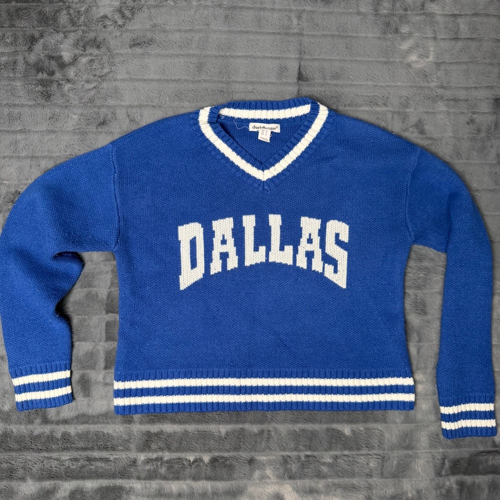 Charlotte Russe Dallas Sweater Womens Small Blue Varsity V-Neck Striped Knit